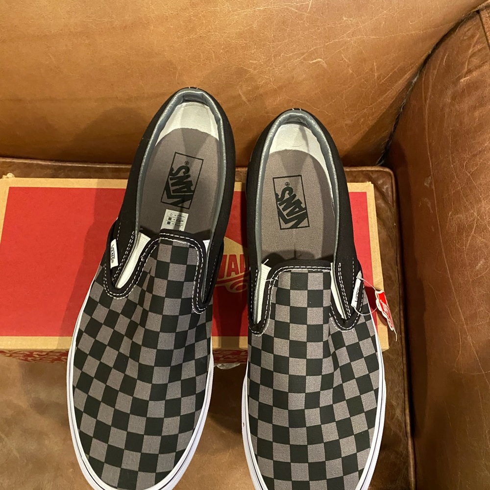 Vans slip on black pewter checker shoes